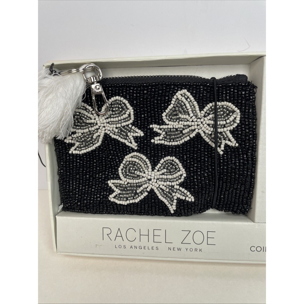 Rachel Zoe Black & Silver Wht Beaded Bow Coin Purse & Handbag Charm Gift Set NWT - Picture 2 of 5